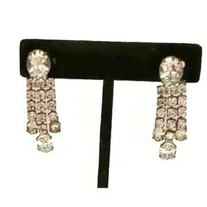 Vintage Rhinestone Earrings Clip Long Dangle Movement Chandelier Wedding Bride